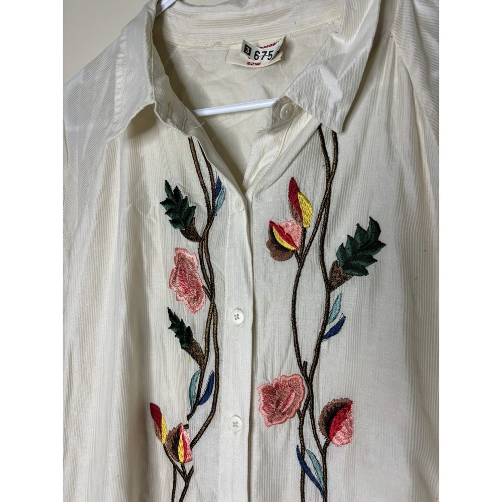 Samant Chauhan Ivory Floral Embroidered Cotton Silk Maxi Shirt Dress 22W NO BELT - Picture 9 of 13
